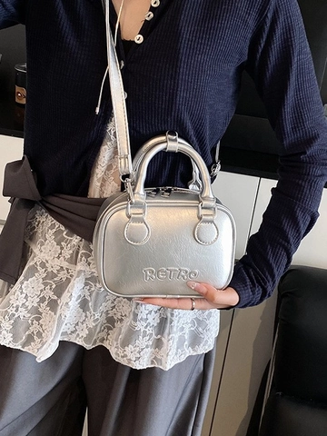 Bolso Bowling de Cuero PU Retro para Mujer Con Letras en Relieve Color Metal Bolso de Hombro Pequeño