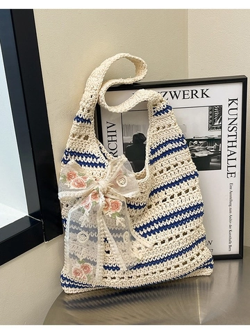 Women's Straw Woven Tote Bag Crochet Striped Shoulder Bag With Floral Bowknot Large Capacity Beach Vacation Handbag