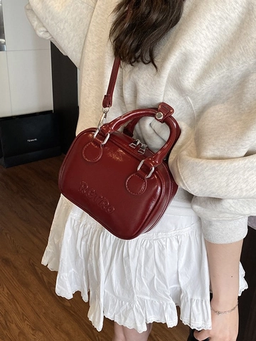 Bolso Bowling de Cuero PU Retro para Mujer Con Letras en Relieve Color Metal Bolso de Hombro Pequeño