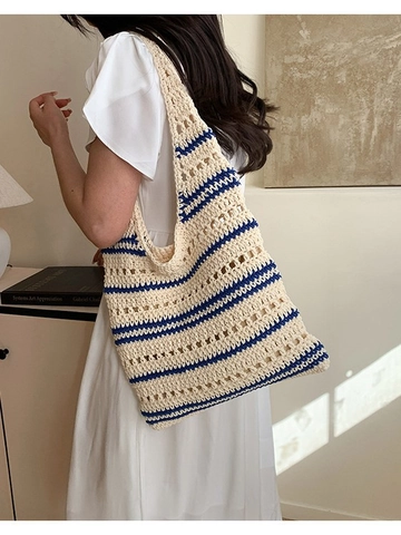 Women's Straw Woven Tote Bag Crochet Striped Shoulder Bag With Floral Bowknot Large Capacity Beach Vacation Handbag