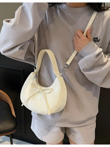 Sac Hobo Demi-Lune pour Femmes en Cuir PU Mat Avec Nœud Sac Bandoulière Vintage Sac Sous le Bras pour Trajet Quotidien Chic