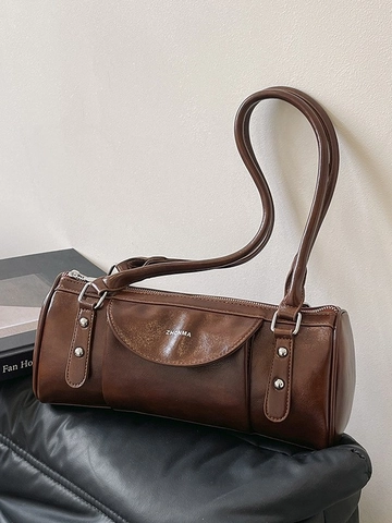 Bolso de Hombro de Cuero PU Retro para Mujer Tipo Barril Con Remaches Plateados Bolso Almohada Minimalista de Color Sólido