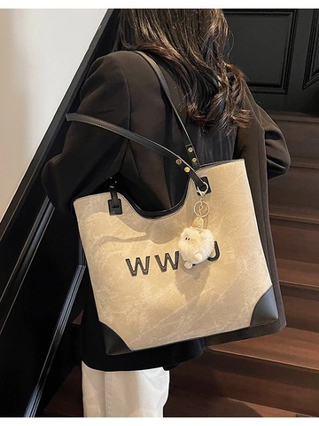 Bolso de Mano de Gran Capacidad para Mujer Textura de Mármol Bolso de Hombro para Conmutar Cuero PU Color de Contraste