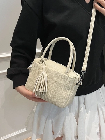 Women Pleated PU Leather Handbag With Tassel Vertical Fold Small Square Crossbody Bag For Daily Commute Casual Shoulder Bag