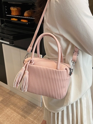 Women Pleated PU Leather Handbag With Tassel Vertical Fold Small Square Crossbody Bag For Daily Commute Casual Shoulder Bag
