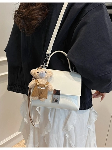 Fashion Women PU Leather Small Square Bag With Plush Bear Pendant Solid Color Lock Closure Crossbody Handbag Daily Shoulder Bag