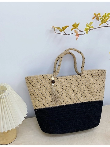 Borsa Tote in Paglia Intrecciata Splicing per Donna Grande Capacità Borsa da Mare Spiaggia Vacanza Con Pendente Nappa