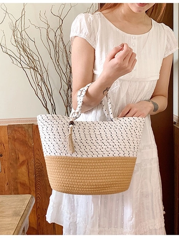 Borsa Tote in Paglia Intrecciata Splicing per Donna Grande Capacità Borsa da Mare Spiaggia Vacanza Con Pendente Nappa