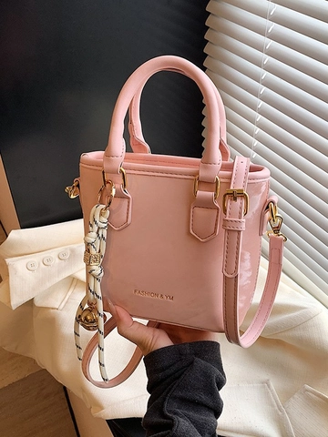 Borsa a Secchiello da Donna in Pelle PU Lucida Piccola Borsa a Mano Decor Sciarpa di Seta Tracolla Versatile