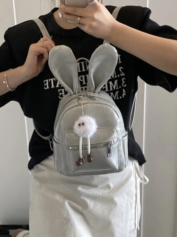 Women Cute Mini Rabbit Ears Backpack PU Leather Fashion Small Daypack With Plush Charm For Girls School Travel Casual Bag