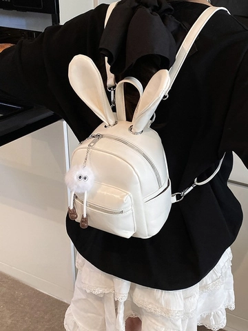 Women Cute Mini Rabbit Ears Backpack PU Leather Fashion Small Daypack With Plush Charm For Girls School Travel Casual Bag