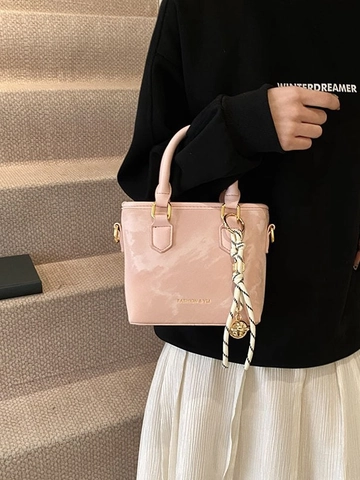 Borsa a Secchiello da Donna in Pelle PU Lucida Piccola Borsa a Mano Decor Sciarpa di Seta Tracolla Versatile