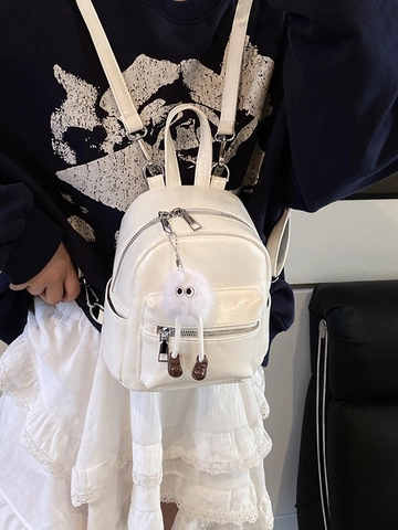 Women Mini Backpack Shiny PU Leather Fashion Street Style Small Rucksack With Plush Monster Charm For Daily Travel Shopping