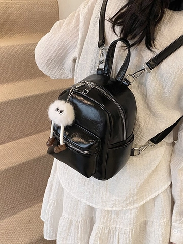 Women Mini Backpack Shiny PU Leather Fashion Street Style Small Rucksack With Plush Monster Charm For Daily Travel Shopping