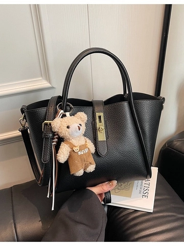 Fashion Women PU Leather Bucket Bag Minimalist Crossbody Shoulder Bag With Lock Closure And Plush Bear Charm Versatile Handbag