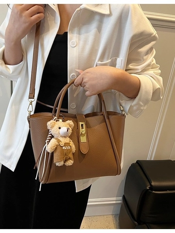 Fashion Women PU Leather Bucket Bag Minimalist Crossbody Shoulder Bag With Lock Closure And Plush Bear Charm Versatile Handbag