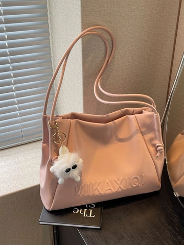 Women Underarm Bag Retro PU Leather Pleated Tote Bag With Plush Monster Pendant Casual Shoulder Bag Versatile Ladies Handbag
