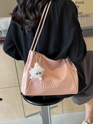 Women Underarm Bag Retro PU Leather Pleated Tote Bag With Plush Monster Pendant Casual Shoulder Bag Versatile Ladies Handbag