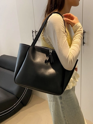 Große Kapazität PU Leder Tragetasche Kontrastnähte Doppelreißverschluss Schultertasche Für Pendler Lässig Damen