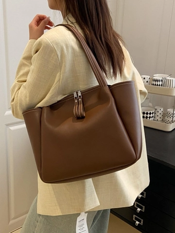 Große Kapazität PU Leder Tragetasche Kontrastnähte Doppelreißverschluss Schultertasche Für Pendler Lässig Damen