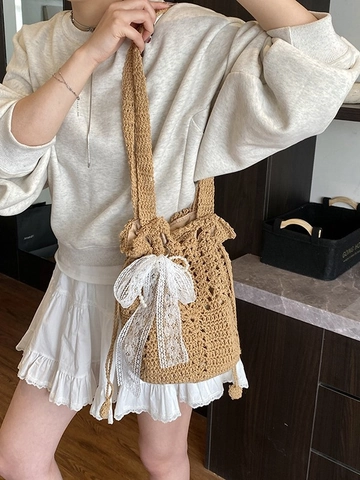 Women Handmade Crochet Woven Bucket Bag Cotton Lace Bow Pearl Pendant Hollow Knit Beach Vacation Shoulder Bag
