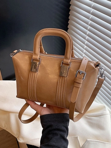 Bolso Boston de Cuero PU Brillante para Mujer Minimalista Color Sólido Bolso de Hombro Cruzado Con Correa Extraíble Bolso de Moda