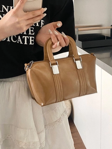 Bolso Boston de Cuero PU Brillante para Mujer Minimalista Color Sólido Bolso de Hombro Cruzado Con Correa Extraíble Bolso de Moda