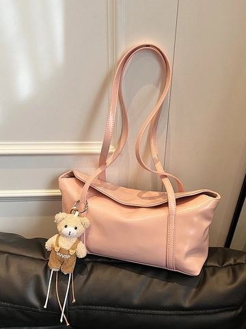 Bolso de Axila Minimalista de Cuero PU Tipo Baguette para Mujer Gran Capacidad Bolso de Hombro Diario Con Colgante de Oso