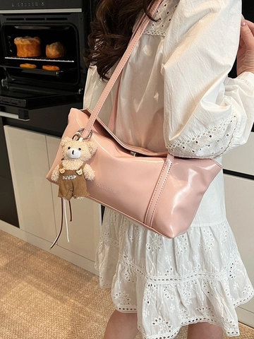 Bolso de Axila Minimalista de Cuero PU Tipo Baguette para Mujer Gran Capacidad Bolso de Hombro Diario Con Colgante de Oso