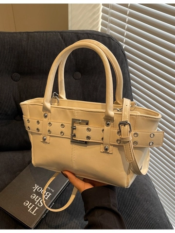 Women Fashion PU Leather Tote Bag With Metal Eyelets Buckle Decor High Capacity Punk Shoulder Crossbody Bag Trendy Solid Handbag
