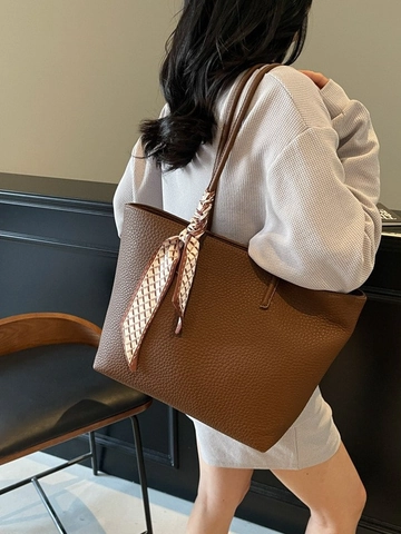Borsa Tote da Donna in Pelle PU di Grande Capacità Texture Ciottolo Borsa a Tracolla per Pendolari Con Sciarpa Decorativa Ufficio
