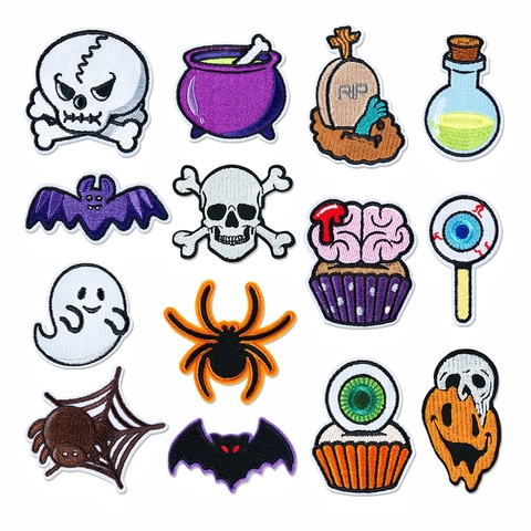 Halloween Stickerei Aufnäher Set Cartoon Skelett Spinne Fledermaus Geist Zaubertrank Flasche DIY Aufbügler Applikation Für Kleidung Rucksack Taschen Dekoration