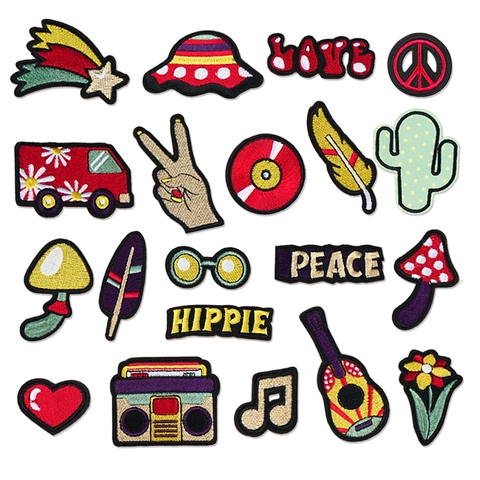 Toppe Ricamate Fai da Te Decorative da Cucire o Stirare Chitarra Fungo Radio UFO Segno della Pace Retro Hippie Applicazioni per Vestiti Borse Scarpe