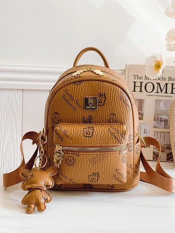 Women's Mini Fashion Backpack Vintage PU Leather Teddy Bear Print Small School Bag With Cute Bear Pendant Daily Travel College Style
