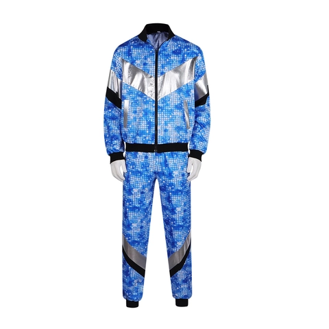 80s Retro Disco Trainingspak Jas En Broek Sterrenblauw Pixel Print Halloween Prestatie Kostuum Unisex Vintage Sportswear