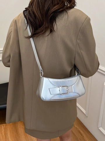 Vintage Women PU Leather Underarm Baguette Bag Minimalist French Style Shoulder Bag With Large Metal Buckle Detail Lady Purse
