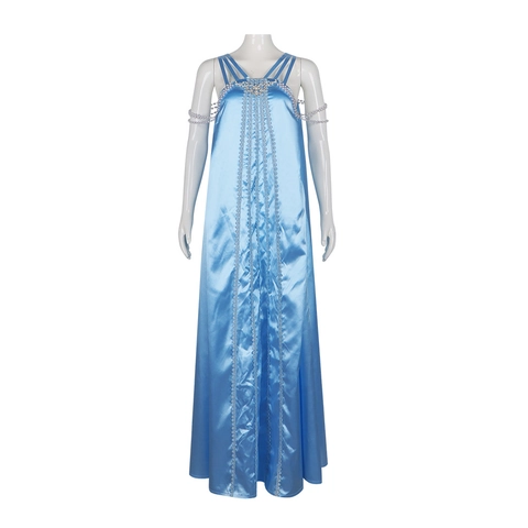 Elegante Hemelsblauw Satijn Halter Maxi Jurk Met Imitatieparel Accessoires Voor Dames Cosplay Performance Feest Kostuum