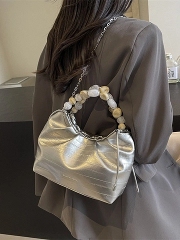 Borsa Dumpling Plissettata da Donna in Pelle PU Con Manico a Perline Catena a Tracolla Moda Borsa Nuvola Borsa a Spalla