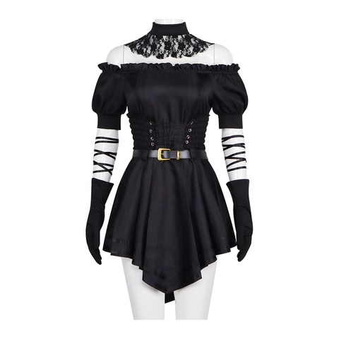 Vrouwen Gothic Zwart Cosplay Jurk Off-Shoulder Pofmouwen Veter Korset Kostuum Met Choker Handschoenen Voor Feest Rollenspel
