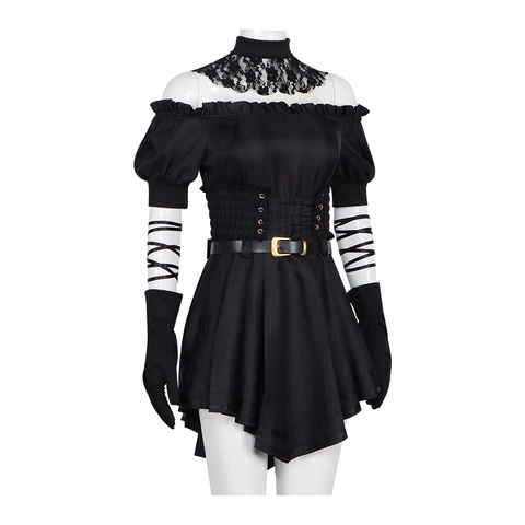 Vrouwen Gothic Zwart Cosplay Jurk Off-Shoulder Pofmouwen Veter Korset Kostuum Met Choker Handschoenen Voor Feest Rollenspel