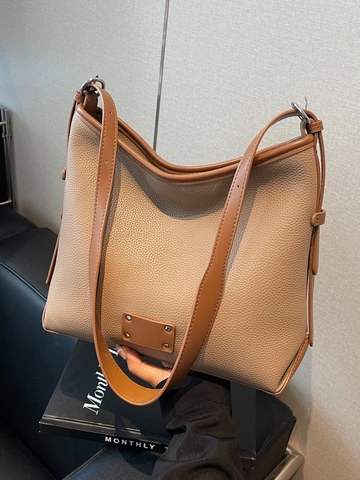 Bolso Cubo de Hombro para Mujer de Cuero PU con Grano de Guijarro Minimalista Gran Capacidad Contraste de Color Remaches Bandolera