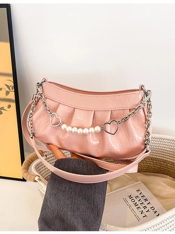 Sac Bandoulière Mode Femme Motif Crocodile Plissé Style Coréen Sac Sous le Bras Avec Chaîne Décor Künstliche Perle et Coeur
