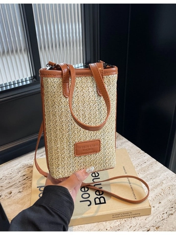 Damen Mini Stroh Umhängetasche Lederbesatz Kleine Eimer Handytasche Lässige Urlaub Handtasche