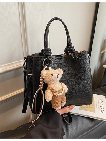 Sac Seau Femme Minimaliste Cuir PU Grain Litchi Sac Bandoulière Sac à Main Avec Pendentif Ours en Peluche Tote Décontracté