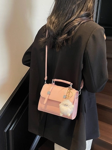 Borsa a Tracolla Quadrata in Pelle PU Moda Donna Retro Borsa a Spalla Con Pendente in Peluche Rimovibile Borsa a Mano