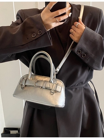 Women PU Leather Shell Crossbody Bag Fashion Handbag With Belt Buckle Decoration Double Zipper Small Shoulder Bag For Daily