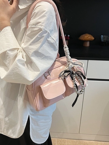 Bolso de Hombro Gran Capacidad PU Brillante Bolso Boston Con Lazo de Encaje Colgante Cuentas Metal Diseño de Nicho Y2K