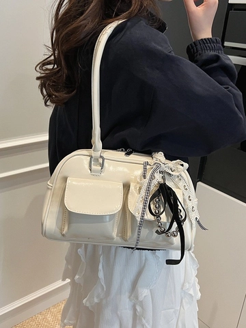 Bolso de Hombro Gran Capacidad PU Brillante Bolso Boston Con Lazo de Encaje Colgante Cuentas Metal Diseño de Nicho Y2K