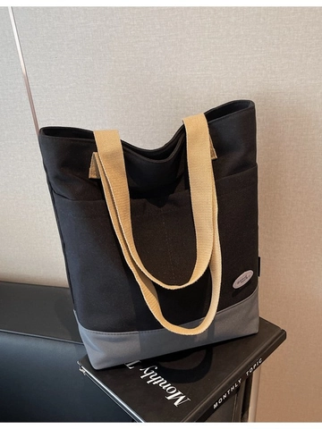 Women Large Capacity Canvas Tote Bag Korean Style Color Block Shoulder Bag With Multi Pockets Commuting Shopping Bag