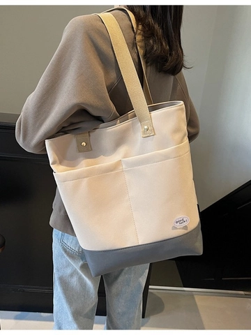 Women Large Capacity Canvas Tote Bag Korean Style Color Block Shoulder Bag With Multi Pockets Commuting Shopping Bag